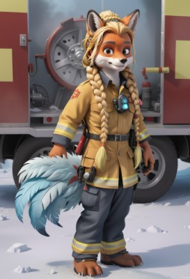 1girl,solo,long hair,looking at viewer,smile,blonde hair,shirt,long sleeves,animal ears,brown eyes,closed mouth,standing,jacket,tail,full body,braid,outdoors,barefoot,belt,pants,artist name,signature,uniform,twin braids,thick eyebrows,feathers,ground vehicle,hair over shoulder,motor vehicle,claws,furry,snow,pocket,furry female,breast pocket,furry male,body fur,grey pants,motorcycle,animal nose,snout,brown fur,hairband,shoes,military,fox ears,fox tail,watermark,brown footwear,black pants,fox girl,extra ears,freckles,hair tie,camera,yellow jacket