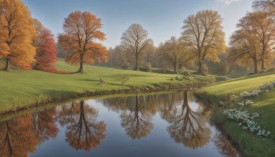 outdoors,sky,day,cloud,water,tree,blue sky,no humans,grass,nature,scenery,forest,reflection,autumn leaves,river,autumn,landscape,lake,reflective water,road,field,path