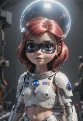 1girl,solo,breasts,looking at viewer,smile,short hair,blue eyes,brown hair,navel,jewelry,upper body,pink hair,red hair,earrings,small breasts,midriff,armor,blurry,lips,makeup,mask,swept bangs,lipstick,goggles,science fiction,breastplate,realistic,nose,red lips,spacesuit,japanese flag,shoulder armor,pauldrons,cyborg,american flag,domino mask