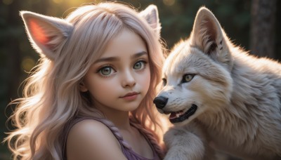 1girl,solo,long hair,looking at viewer,blonde hair,animal ears,bare shoulders,closed mouth,green eyes,upper body,white hair,outdoors,artist name,cat ears,blurry,lips,grey eyes,depth of field,blurry background,animal,fangs,wavy hair,portrait,forehead,freckles,realistic,nose,wolf,bangs,braid,twin braids,animal ear fluff,parted bangs,eyelashes,cat,holding animal