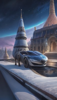 outdoors,sky,cloud,no humans,night,ground vehicle,building,star (sky),night sky,scenery,motor vehicle,snow,starry sky,mountain,city,fantasy,car,winter,bridge,vehicle focus,castle,tower,bird,reflection,sports car,aurora