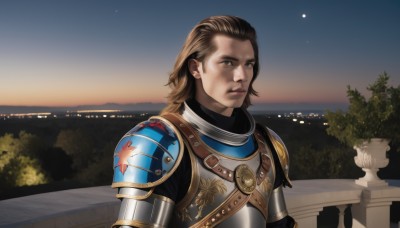 solo,looking at viewer,brown hair,1boy,brown eyes,closed mouth,upper body,male focus,outdoors,sky,medium hair,armor,tree,night,scar,moon,shoulder armor,star (sky),night sky,pauldrons,breastplate,blue eyes,blurry,lips,sunset,serious,realistic,knight