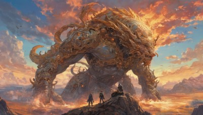 1girl,short hair,holding,standing,weapon,outdoors,multiple boys,horns,sky,day,sword,cloud,2boys,armor,bird,animal,cloudy sky,scenery,sunset,monster,mountain,fantasy,dragon,size difference,giant,1boy,signature,water,from behind,blue sky,glowing,ocean,glowing eyes,rock