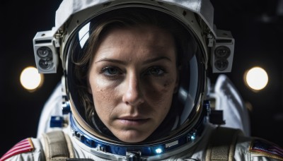 1girl,solo,looking at viewer,brown hair,brown eyes,closed mouth,blurry,lips,blurry background,helmet,portrait,freckles,reflection,realistic,space,straight-on,planet,american flag,spacesuit,astronaut,1boy,male focus,science fiction,serious,earth (planet),spacecraft,space helmet,united states