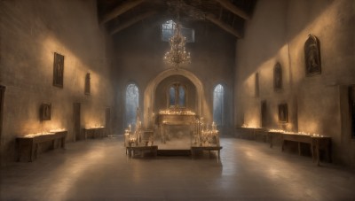 HQ,indoors,no humans,window,chair,table,sunlight,fire,scenery,light rays,stairs,door,light,candle,hallway,church,candlestand,chandelier,fireplace,wooden floor,fantasy,vase,statue,painting (object),arch,reflective floor