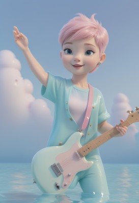 1girl,solo,looking at viewer,smile,short hair,open mouth,blue eyes,shirt,jewelry,standing,pink hair,short sleeves,earrings,outdoors,sky,day,cloud,water,blue sky,ocean,blue shirt,instrument,child,wading,guitar,electric guitar,blush,teeth,v,makeup