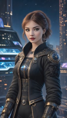 1girl,solo,breasts,looking at viewer,short hair,blue eyes,brown hair,gloves,long sleeves,jewelry,medium breasts,jacket,cowboy shot,earrings,outdoors,sky,belt,pants,necklace,blurry,lips,coat,fur trim,makeup,night,blurry background,lipstick,gauntlets,building,gem,night sky,pendant,city,realistic,nose,red lips,smile,bangs,standing,open clothes,artist name,black jacket,black pants,star (sky),hyur