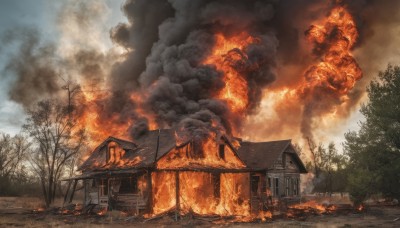 outdoors,sky,day,cloud,tree,no humans,fire,building,nature,scenery,forest,smoke,house,burning,window,destruction