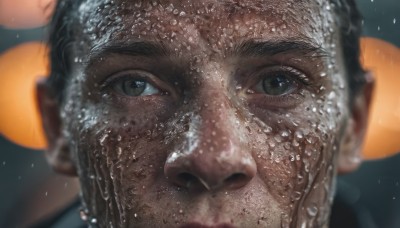 solo,looking at viewer,short hair,black hair,1boy,male focus,dark skin,water,blurry,black eyes,wet,depth of field,blurry background,portrait,close-up,reflection,water drop,realistic,wet hair,hat,green eyes,thick eyebrows,freckles