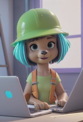 1girl,solo,looking at viewer,smile,short hair,bangs,brown hair,shirt,black hair,hat,animal ears,green eyes,blue hair,upper body,short sleeves,indoors,blurry,vest,flat chest,window,:3,blurry background,backpack,suspenders,helmet,child,furry,backlighting,green headwear,green shirt,furry female,female child,overalls,computer,body fur,animal nose,laptop,snout,buck teeth,open mouth,parted lips,teeth,artist name,watermark,bob cut,web address,nose