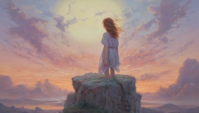 1girl,solo,long hair,brown hair,dress,standing,short sleeves,outdoors,sky,cloud,water,from behind,white dress,floating hair,blue dress,ocean,cloudy sky,wind,scenery,wading,sunset,rock,mountain,sun,horizon,facing away,twilight,mountainous horizon,orange sky,cliff,bird,moon,wide shot