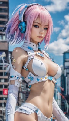 1girl,solo,breasts,looking at viewer,short hair,bangs,blue eyes,gloves,navel,cleavage,bare shoulders,medium breasts,closed mouth,standing,ponytail,pink hair,cowboy shot,outdoors,sky,day,elbow gloves,midriff,cloud,white gloves,medium hair,stomach,blurry,blue sky,lips,tattoo,makeup,depth of field,blurry background,headphones,building,revealing clothes,headset,realistic,arms at sides,swimsuit,bikini,grey eyes