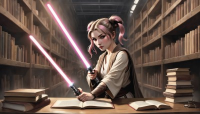 1girl,solo,looking at viewer,brown hair,hair ornament,holding,twintails,brown eyes,upper body,weapon,pink hair,multicolored hair,sword,indoors,holding weapon,lips,book,bandages,holding sword,robe,open book,bookshelf,book stack,library,energy sword,laser,lightsaber,sitting,parted lips,signature,hair bun,cape,double bun,scar,table,short twintails,science fiction,realistic,reading,animification