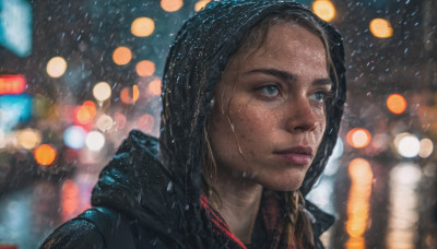 1girl, solo, long hair, blue eyes, black hair, braid, outdoors, hood, blurry, lips, wet, hoodie, night, depth of field, blurry background, looking away, freckles, rain, realistic, nose, wet hair, bokeh