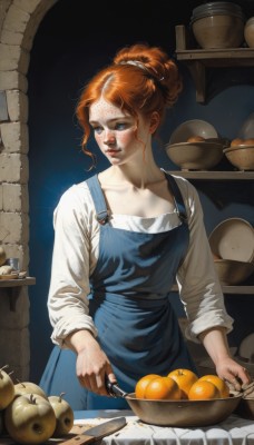 1girl,solo,breasts,blue eyes,shirt,long sleeves,holding,standing,collarbone,white shirt,parted lips,food,indoors,hair bun,orange hair,apron,lips,fruit,looking away,single hair bun,knife,freckles,realistic,nose,apple,basket,holding knife,overalls,dirty,cooking,orange (fruit),kitchen,jar,blue apron,potato,kitchen knife,cutting board,onion,medium breasts,closed mouth,red hair,looking to the side,bowl,sleeves pushed up