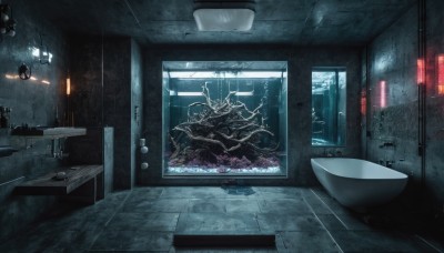 indoors,no humans,table,scenery,tentacles,reflection,monster,mirror,door,tiles,tile floor,bathroom,tile wall,horror (theme),sink,eldritch abomination,tree,window,night,plant,rain,wooden floor,light,lamp,dark,ceiling light