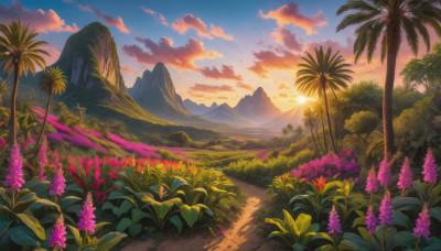 flower, outdoors, sky, cloud, tree, no humans, cloudy sky, grass, plant, nature, scenery, sunset, mountain, palm tree, purple flower, sun, landscape, mountainous horizon