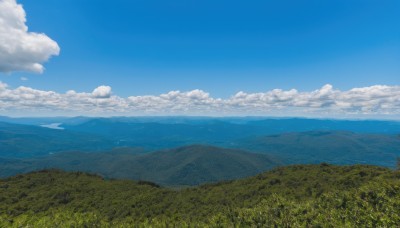 outdoors,sky,day,cloud,tree,blue sky,no humans,cloudy sky,grass,nature,scenery,forest,mountain,horizon,field,landscape,mountainous horizon,hill,water,ocean