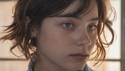 1girl,solo,looking at viewer,short hair,blue eyes,brown hair,jewelry,closed mouth,earrings,blurry,black eyes,lips,grey eyes,portrait,close-up,realistic,nose,stud earrings,bangs,black hair,eyelashes,window,blurry background,expressionless,wind,messy hair,backlighting,looking afar