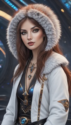 1girl,solo,long hair,breasts,looking at viewer,brown hair,long sleeves,cleavage,brown eyes,jewelry,medium breasts,jacket,upper body,small breasts,parted lips,open clothes,belt,hood,necklace,blurry,black dress,open jacket,lips,coat,fur trim,eyelashes,makeup,blurry background,white jacket,lipstick,gem,hooded jacket,pendant,hood up,realistic,nose,hands in pockets,white coat,red lips,fur-trimmed hood,parka,dress,parted bangs,open coat,emblem,hooded coat