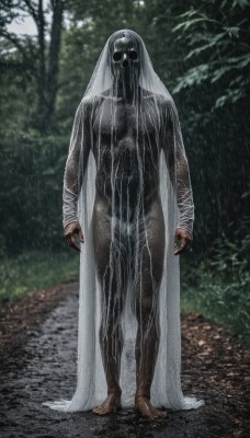 1girl,solo,breasts,looking at viewer,standing,full body,outdoors,barefoot,blurry,tree,wet,blurry background,nature,black nails,facing viewer,cloak,hood up,forest,rain,arms at sides,horror (theme),covered face,long sleeves,no humans,toenails,monster,grey skin,alien