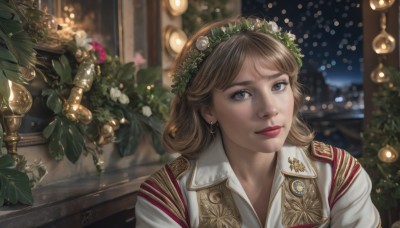 1girl,solo,long hair,looking at viewer,bangs,blue eyes,brown hair,shirt,hair ornament,jewelry,white shirt,upper body,flower,earrings,indoors,hair flower,blurry,lips,grey eyes,eyelashes,window,makeup,night,depth of field,blurry background,plant,lipstick,christmas,freckles,realistic,nose,red lips,head wreath,bokeh,wreath,brown eyes,medium hair,uniform,parted bangs,military,leaf,portrait,candle,badge,medal