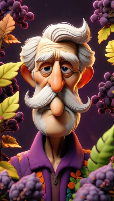 solo,looking at viewer,smile,blue eyes,shirt,1boy,upper body,flower,white hair,male focus,food,open clothes,blurry,open shirt,fruit,depth of field,facial hair,leaf,looking up,beard,purple background,mustache,purple shirt,old,old man,grapes,wrinkled skin,collarbone,collared shirt,artist name,vest,watermark,web address