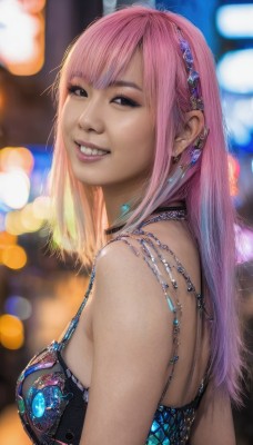 1girl,solo,long hair,breasts,looking at viewer,smile,bangs,bare shoulders,jewelry,medium breasts,upper body,pink hair,multicolored hair,hairband,earrings,parted lips,teeth,choker,grin,blurry,black eyes,from side,lips,gradient hair,makeup,depth of field,blurry background,piercing,ear piercing,realistic,nose,bokeh,underwear,necklace,bra,gem