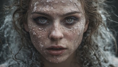 1girl,solo,long hair,looking at viewer,blonde hair,brown hair,brown eyes,parted lips,water,lips,wet,eyelashes,portrait,close-up,freckles,realistic,nose,wet hair,teeth,floating hair,straight-on