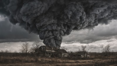 outdoors,sky,day,cloud,tree,no humans,cloudy sky,grass,fire,building,nature,scenery,smoke,house,fog,monochrome,greyscale,window,field,bare tree,landscape