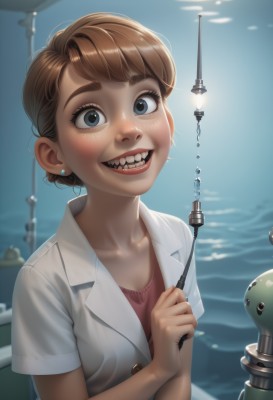 1girl,solo,looking at viewer,blush,smile,short hair,open mouth,bangs,blue eyes,brown hair,shirt,holding,jewelry,collarbone,upper body,short sleeves,earrings,teeth,water,blurry,lips,buttons,blurry background,thick eyebrows,freckles,pink shirt,realistic,labcoat,stud earrings,fishing rod,light bulb,artist name,grin,eyelashes,watermark,nose