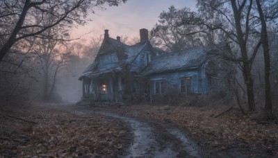 outdoors,sky,cloud,tree,no humans,window,leaf,building,nature,scenery,forest,road,autumn leaves,architecture,house,east asian architecture,bare tree,autumn,shrine,path,grass,sunset,lantern,door,fog