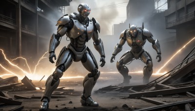 HQ,red eyes,standing,armor,military,no humans,glowing,robot,building,mecha,glowing eyes,smoke,science fiction,realistic,military vehicle,electricity,cable,ruins,lightning,open hands,alien,power armor,debris,dust,sparks,multiple boys,orange eyes,city,battle,cyborg,rubble,kaijuu