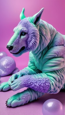 solo,looking at viewer,blue eyes,simple background,sitting,closed mouth,full body,horns,from side,no humans,pink background,claws,ball,purple background,monster,realistic,creature,animal focus,lying,signature,gradient,gradient background,pokemon (creature),purple theme,orb