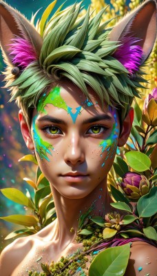 solo,looking at viewer,short hair,1boy,animal ears,jewelry,closed mouth,green eyes,collarbone,yellow eyes,upper body,flower,male focus,earrings,green hair,artist name,cat ears,blurry,lips,animal ear fluff,eyelashes,depth of field,blurry background,leaf,facial mark,plant,portrait,extra ears,freckles,nose,facepaint,cat boy,brown eyes,multicolored hair,spiked hair,light particles,topless male,realistic,bodypaint,paint splatter,paint