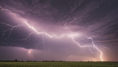 outdoors,sky,cloud,no humans,cloudy sky,grass,scenery,electricity,lightning,landscape,purple sky,nature,horizon,field,hill