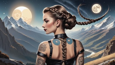 1girl,solo,long hair,blush,brown hair,bare shoulders,brown eyes,closed mouth,upper body,braid,outdoors,sky,choker,looking back,hair bun,from behind,twin braids,lips,double bun,tattoo,profile,makeup,night,back,moon,lipstick,star (sky),night sky,full moon,eyeshadow,starry sky,mountain,nose,red lips,arm tattoo,shoulder tattoo,mascara,back tattoo,jewelry,earrings,collar