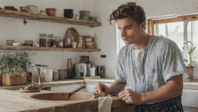 solo,short hair,brown hair,shirt,1boy,holding,closed mouth,closed eyes,white shirt,upper body,short sleeves,male focus,food,striped,indoors,apron,cup,window,knife,plant,t-shirt,grey shirt,striped shirt,realistic,spoon,potted plant,cooking,ladle,kitchen,sink,counter,cabinet,cutting board,mole,blurry,blurry background,looking down,holding knife,kitchen knife