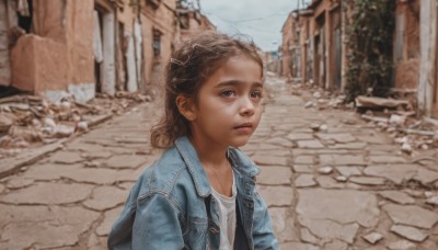 1girl,solo,brown hair,shirt,brown eyes,closed mouth,jacket,white shirt,upper body,outdoors,open clothes,day,dark skin,medium hair,bag,blurry,open jacket,dark-skinned female,lips,blurry background,denim,blue jacket,building,curly hair,realistic,nose,road,street,denim jacket,short hair,jewelry,earrings,necklace,child,female child