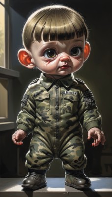 solo,looking at viewer,short hair,bangs,blonde hair,brown hair,long sleeves,1boy,brown eyes,standing,full body,male focus,boots,parted lips,teeth,blunt bangs,black footwear,uniform,lips,military,blood,military uniform,shadow,child,zipper,pocket,realistic,male child,camouflage,jumpsuit,bowl cut,camouflage jacket