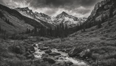 monochrome,greyscale,outdoors,sky,cloud,tree,no humans,traditional media,cloudy sky,nature,scenery,forest,rock,mountain,landscape,cliff,grass