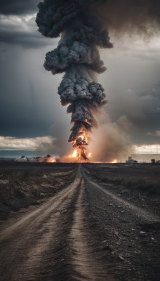 1girl,solo,holding,standing,outdoors,sky,cloud,military,cloudy sky,fire,scenery,smoke,monster,military vehicle,watercraft,giant,ship,burning,weapon,armor,bird,ground vehicle,motor vehicle,1other,tank