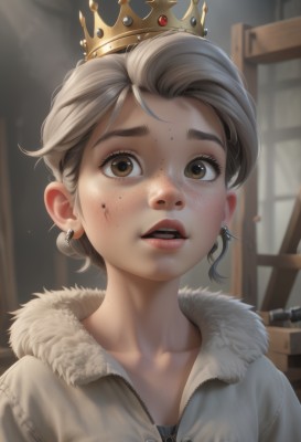 1girl,solo,looking at viewer,short hair,open mouth,brown hair,brown eyes,jewelry,collarbone,upper body,grey hair,earrings,parted lips,teeth,artist name,indoors,mole,blurry,lips,coat,fur trim,eyelashes,mole under eye,blurry background,upper teeth only,crown,portrait,zipper,freckles,mole on breast,realistic,mole on neck,mole on cheek,blush,bangs,jacket,blood,thick eyebrows,dirty face