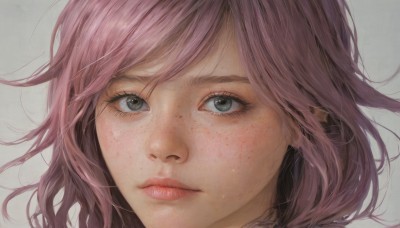 1girl,solo,looking at viewer,short hair,bangs,blue eyes,simple background,closed mouth,pink hair,medium hair,grey background,lips,grey eyes,eyelashes,swept bangs,expressionless,portrait,close-up,freckles,realistic,nose,green eyes