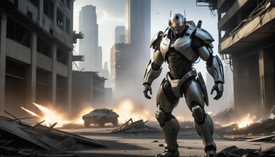 HQ,solo,1boy,standing,weapon,outdoors,armor,military,no humans,glowing,fire,robot,ground vehicle,building,mecha,glowing eyes,motor vehicle,smoke,science fiction,city,realistic,military vehicle,car,explosion,ruins,tank,damaged,debris,destruction,rubble,truck,red eyes,road,cityscape,street,dust