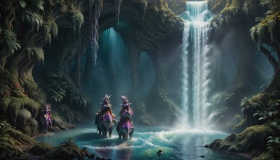 long hair,multiple girls,1boy,2girls,animal ears,outdoors,3girls,water,armor,tree,bird,animal,plant,nature,scenery,forest,light rays,fantasy,riding,horse,waterfall,cave,deer,from behind,sunlight,sunbeam