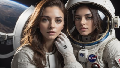 long hair,looking at viewer,multiple girls,brown hair,gloves,2girls,brown eyes,closed mouth,upper body,white gloves,signature,lips,helmet,reflection,science fiction,realistic,nose,space,planet,earth (planet),spacesuit,space helmet,astronaut,parted lips,expressionless,forehead,american flag,spacecraft