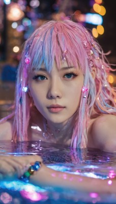 1girl,solo,long hair,looking at viewer,bangs,blue eyes,hair ornament,jewelry,closed mouth,blue hair,pink hair,multicolored hair,water,necklace,blurry,bracelet,lips,wet,depth of field,blurry background,gem,partially submerged,beads,realistic,nose,wet hair,bokeh,bare shoulders,earrings,artist name,two-tone hair,eyelashes,portrait,freckles,water drop