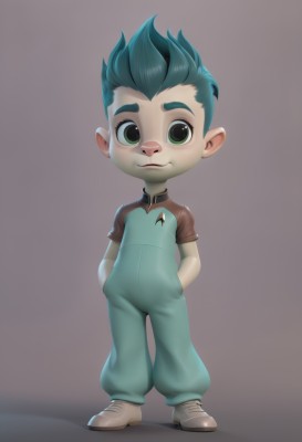 solo,looking at viewer,smile,simple background,shirt,1boy,green eyes,blue hair,standing,full body,male focus,green hair,shoes,pointy ears,grey background,brown footwear,spiked hair,hands in pockets,overalls,male child