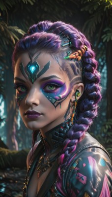 1girl,solo,long hair,breasts,looking at viewer,hair ornament,cleavage,jewelry,medium breasts,green eyes,upper body,purple hair,braid,multicolored hair,earrings,small breasts,outdoors,dark skin,necklace,blurry,twin braids,two-tone hair,dark-skinned female,tree,lips,eyelashes,single braid,makeup,blurry background,facial mark,piercing,lipstick,portrait,nature,eyeshadow,science fiction,realistic,nose,android,eyeliner,cable,facepaint,earphones,cyborg,purple lips,mascara,earbuds,cyberpunk,dreadlocks,earpiece,multiple braids,closed mouth,artist name,glowing,sunlight,forest,backlighting,freckles